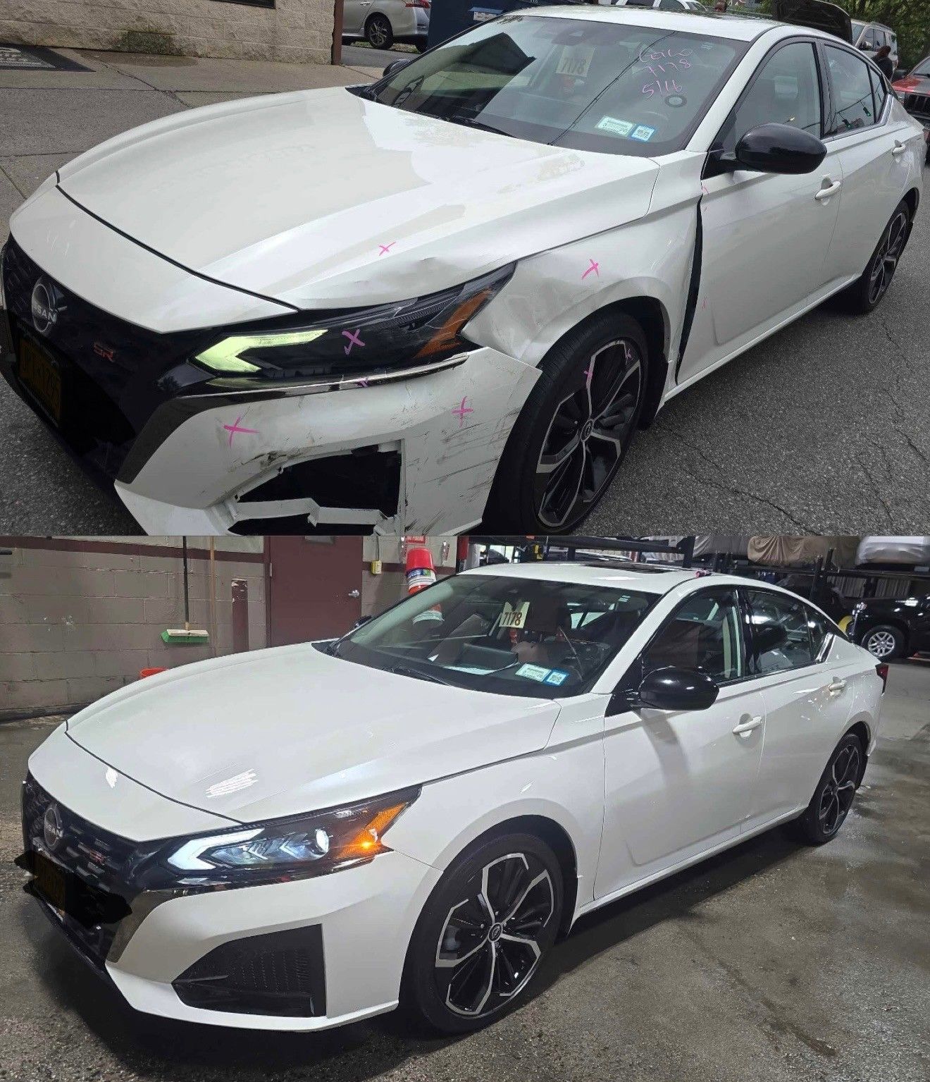 White Nissan Altima before and after repairs; damaged front end fixed, pristine condition.