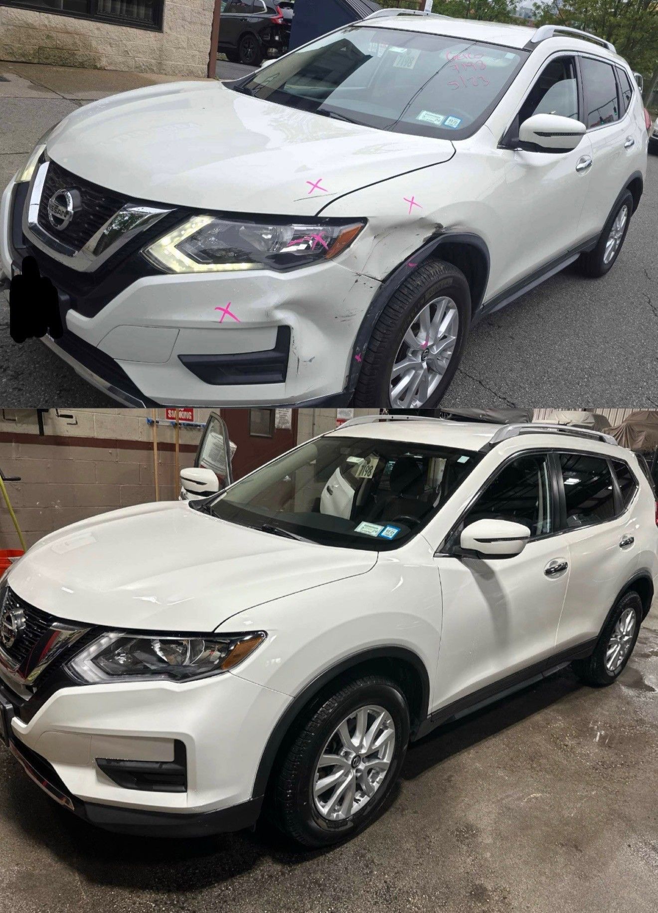 White Nissan Rogue SUV before and after collision repair.