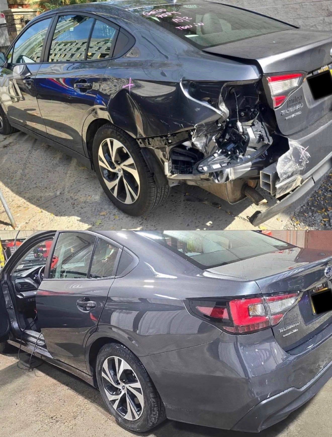 Damaged gray sedan after a collision, before and after repair. Showing rear quarter panel damage.
