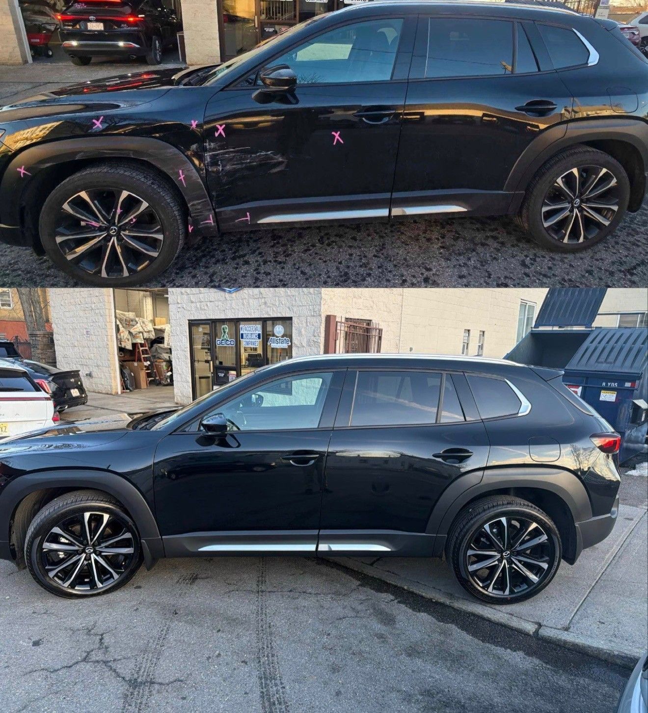 Comparison of a damaged black SUV with pink ribbons and the same vehicle after repair, parked outside a shop.