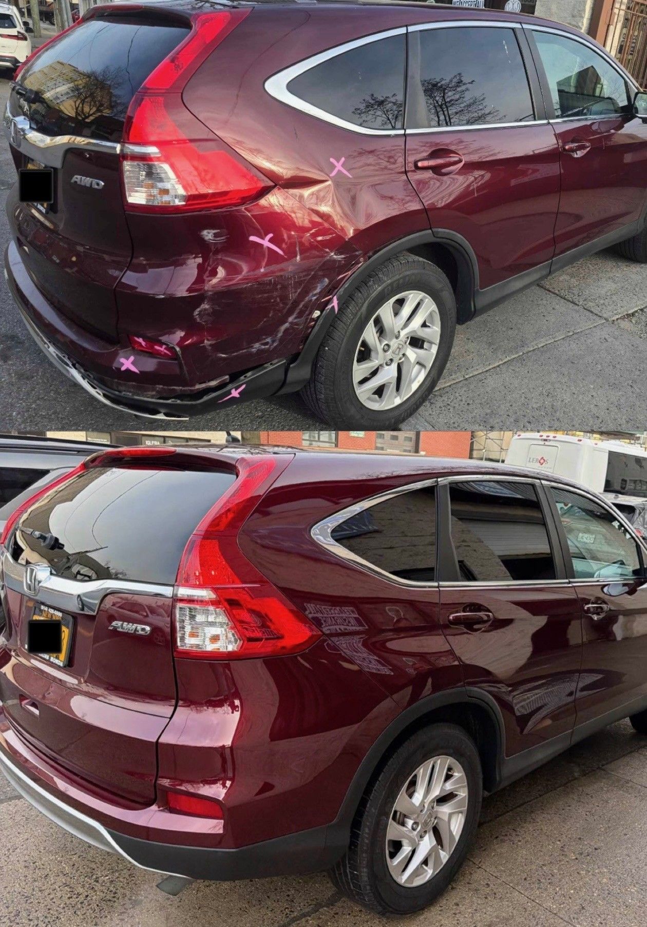 Top: Damaged burgundy SUV. Bottom: Repaired burgundy SUV.