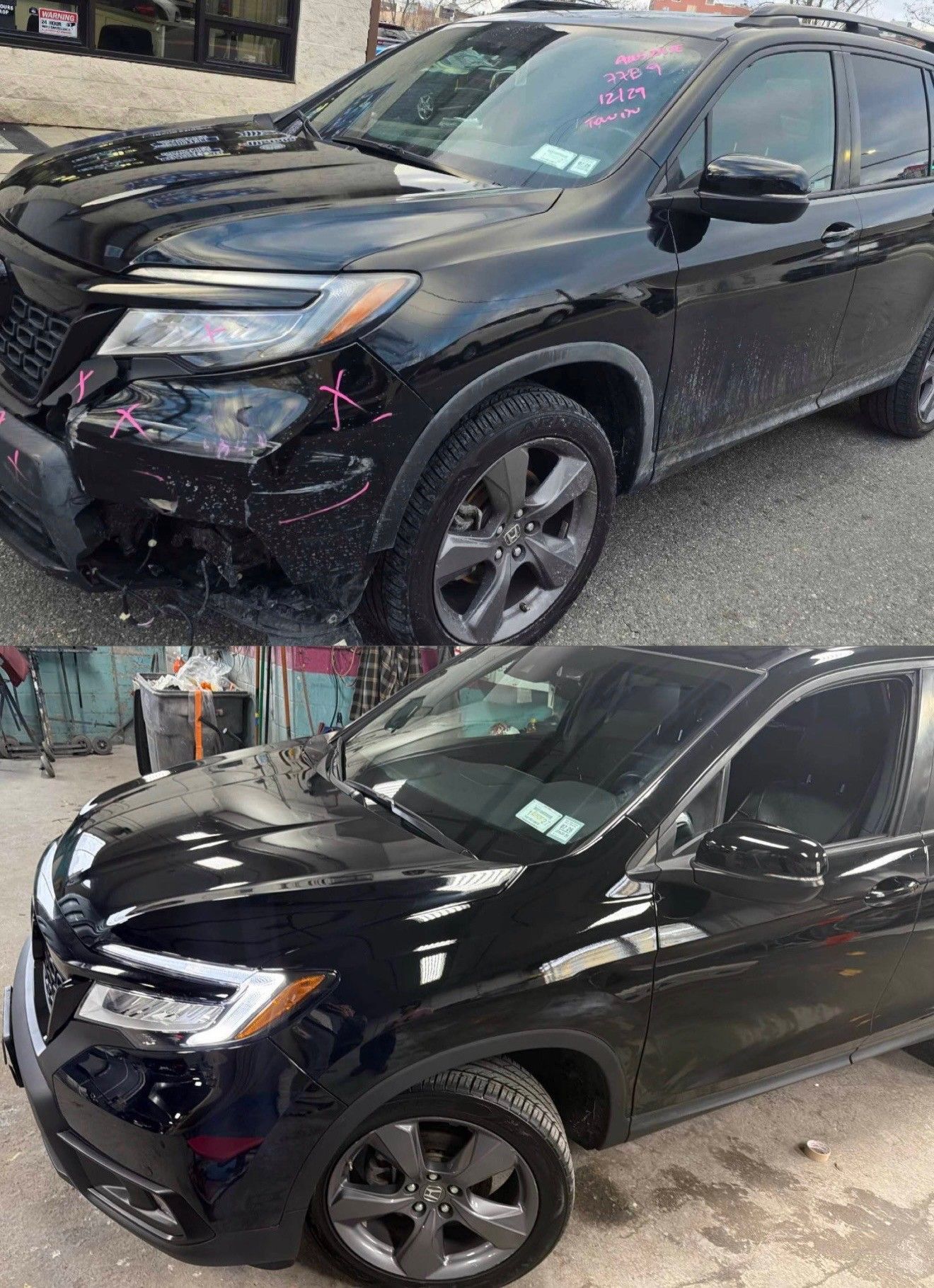 Black SUV, damaged front end, repaired to like-new condition.