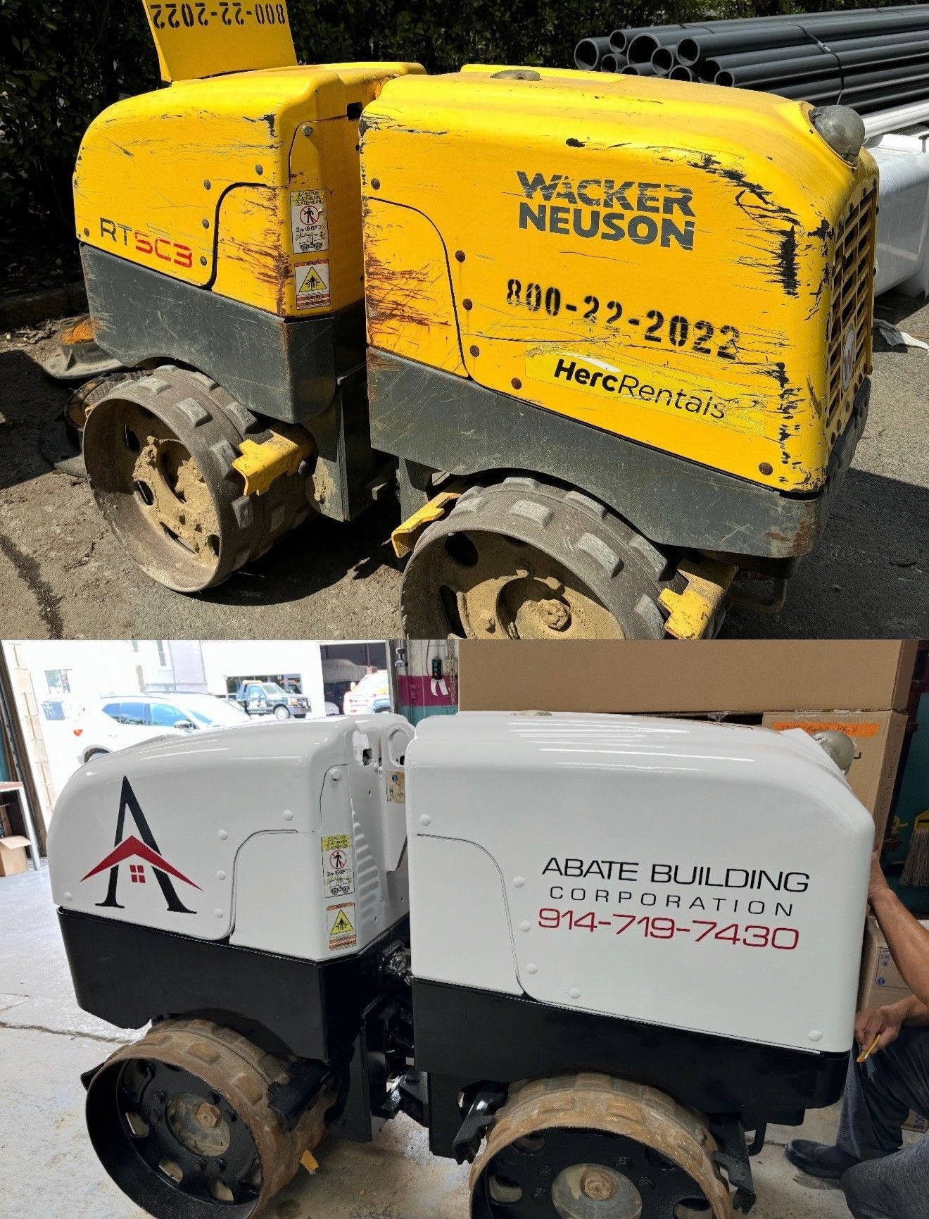 Two soil compactors top is yellow with Wacker Neuson logo, bottom is white with Arave Building logo.