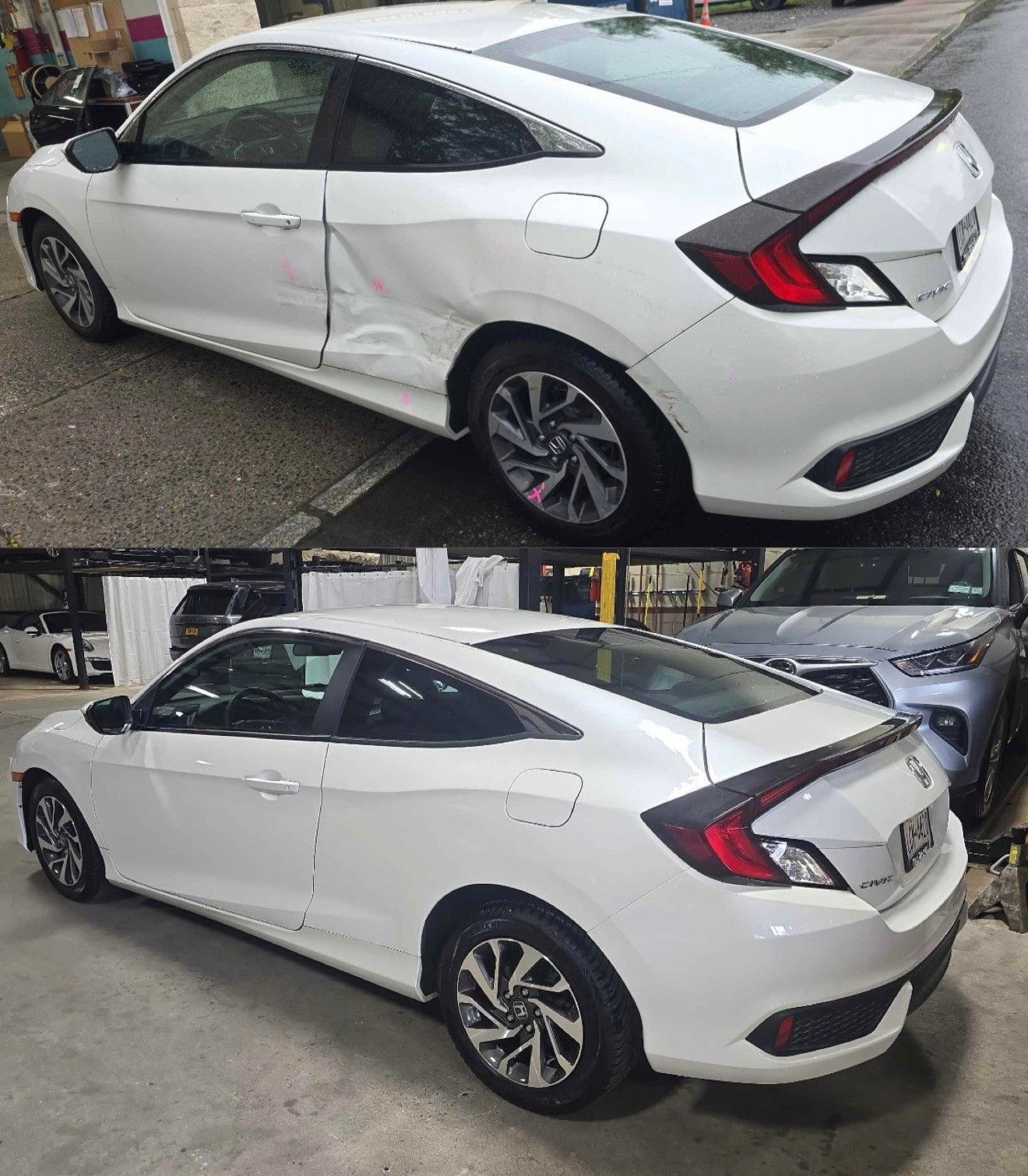 White Honda Civic with a large dent in the side panel, shown before and after repair.