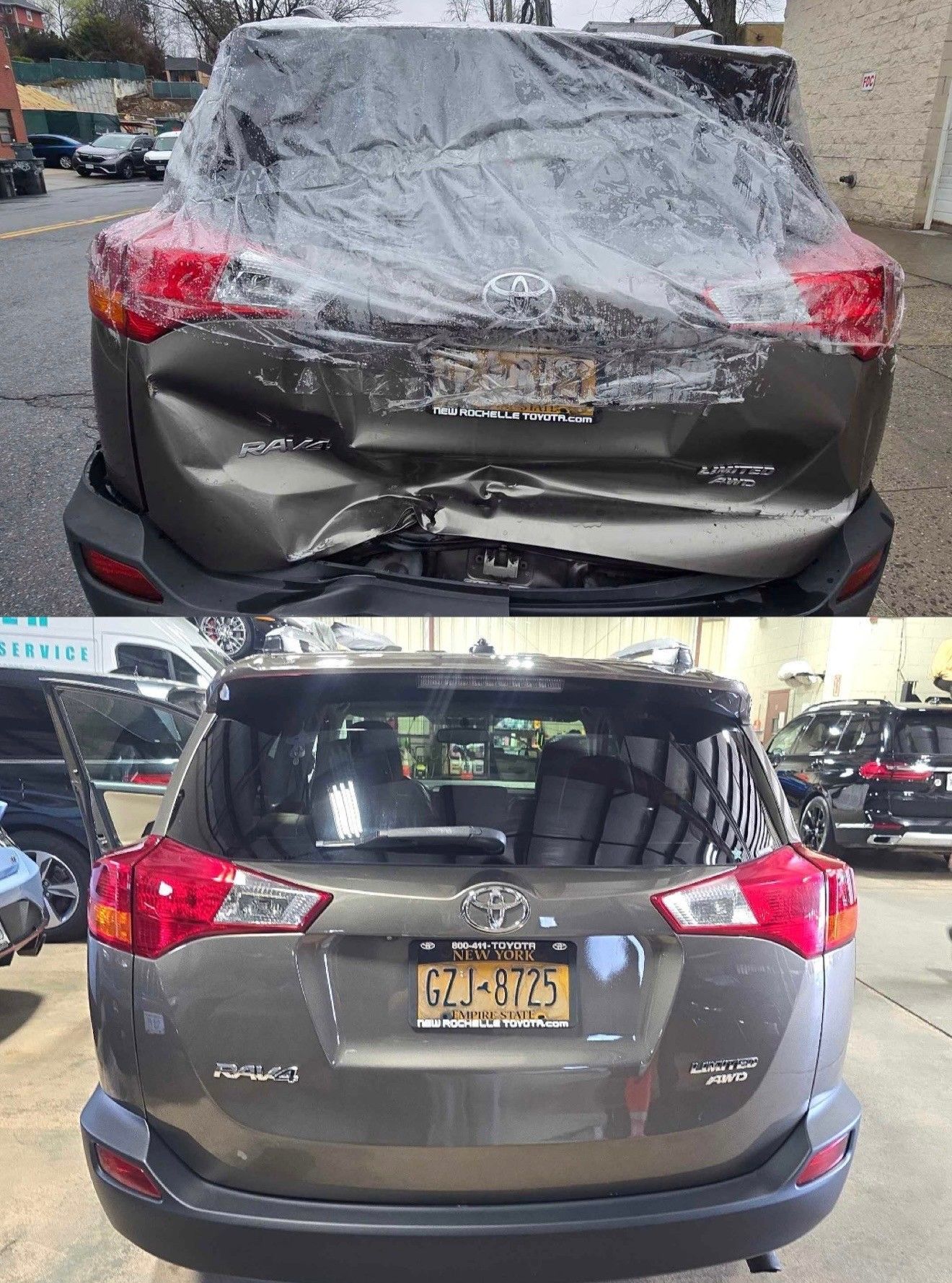 Damaged grey Toyota RAV4 rear bumper after accident, then repaired bumper. License plate visible.