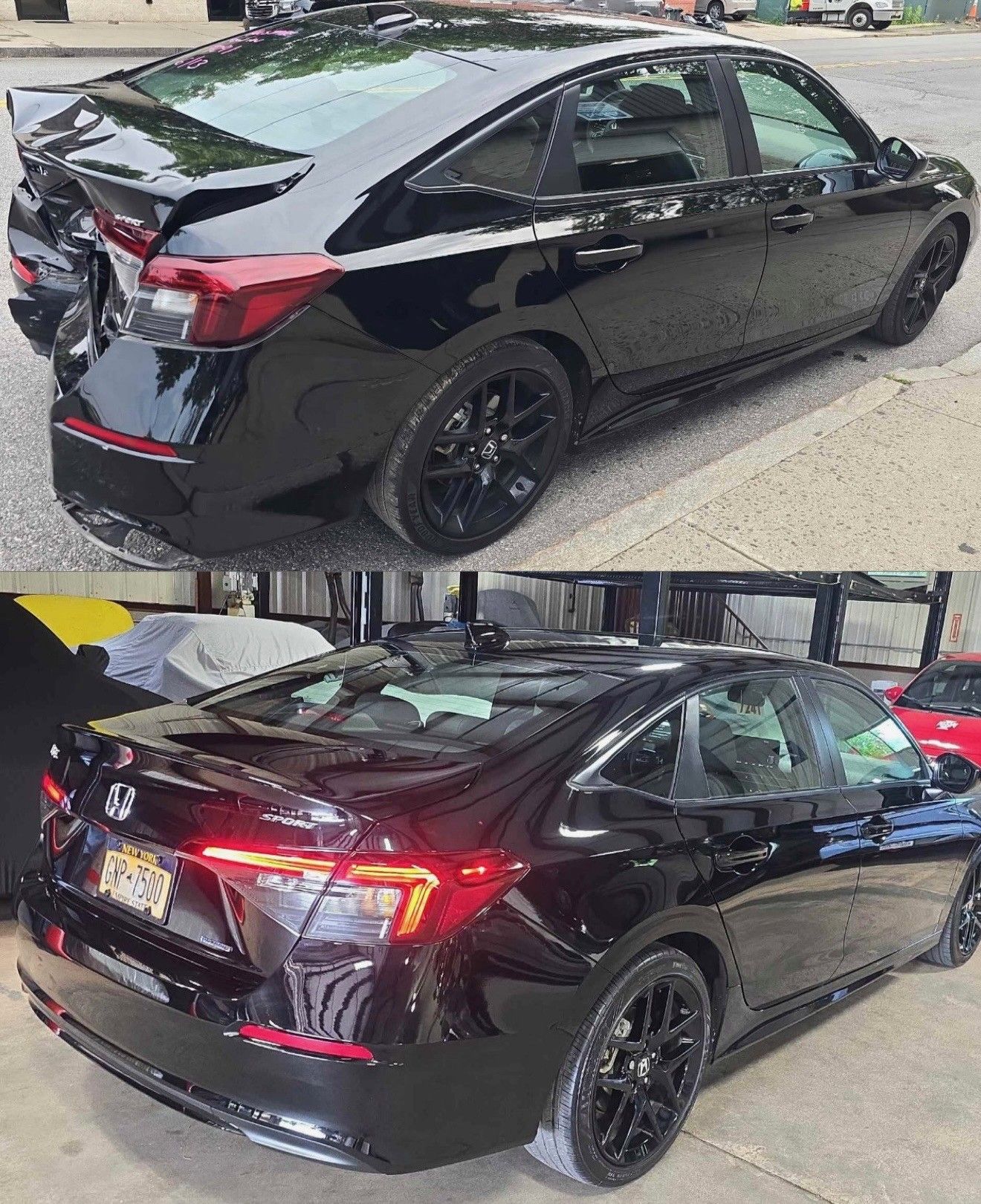 Two black Honda Civics one damaged rear end, the other undamaged, both parked.