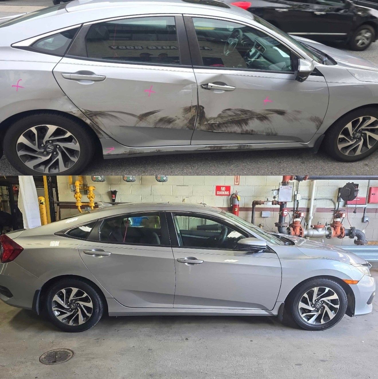 Before and after photos of a silver car with extensive damage repaired.