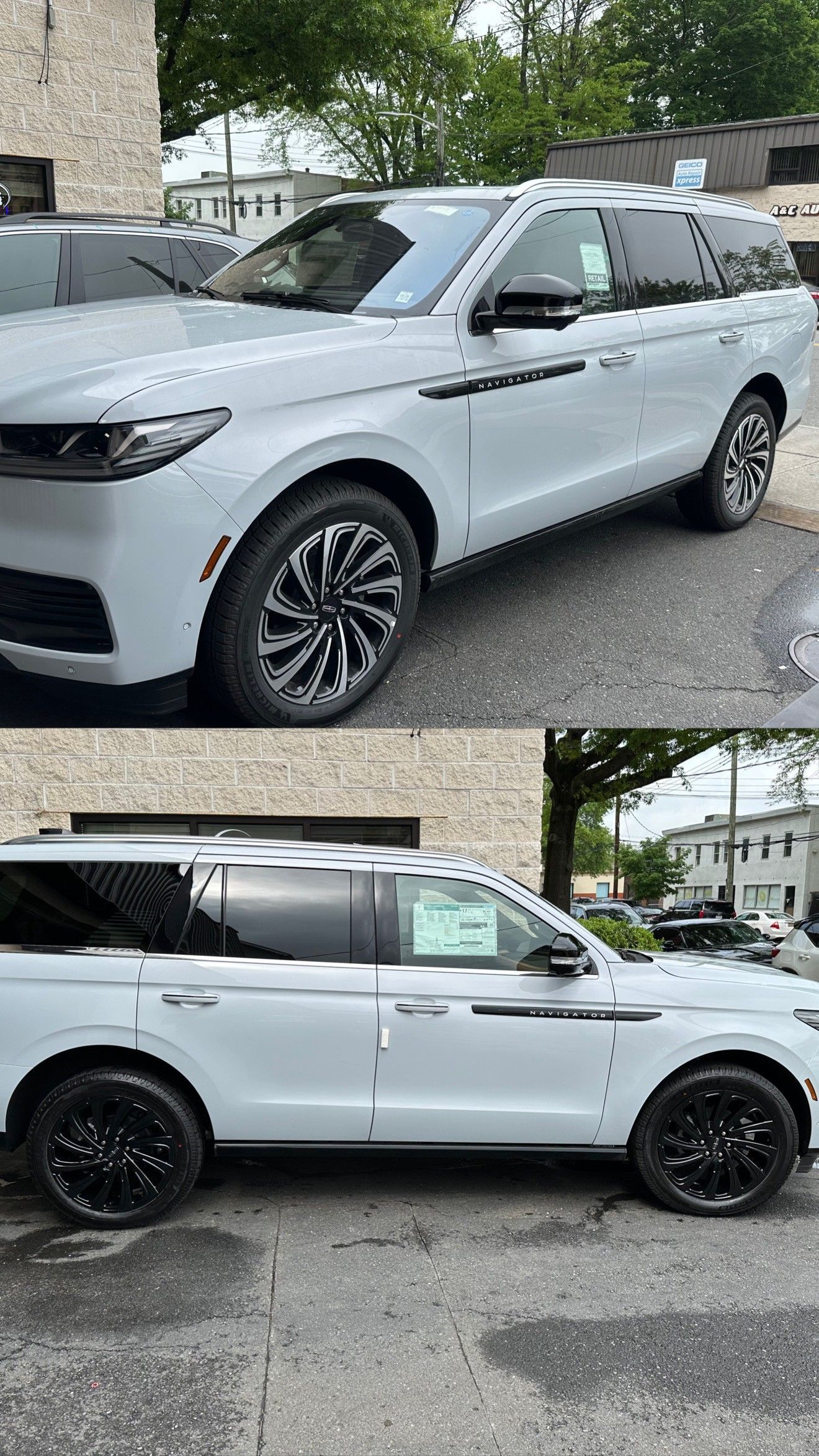 Two views of a light gray Lincoln Navigator SUV. One view is front, the other side.