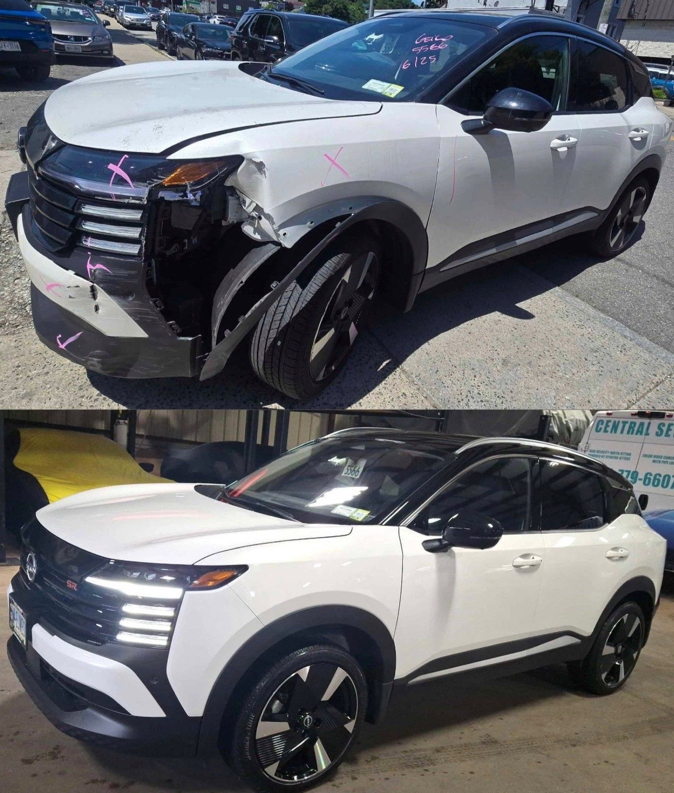 White SUV before-and-after collision repair, front bumper damaged then restored.