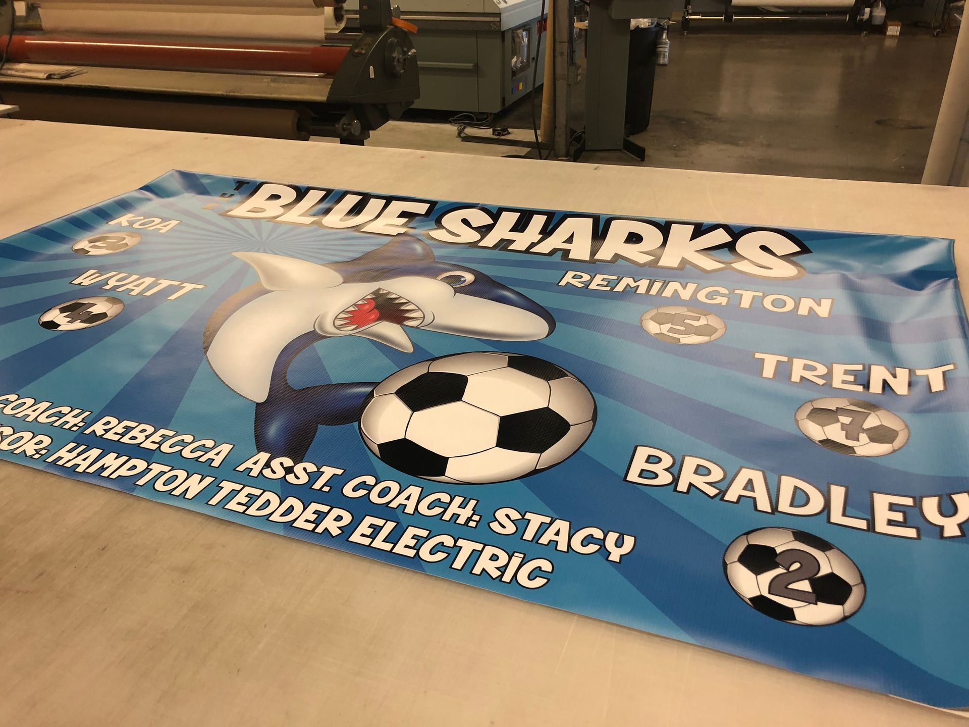A blue shark is holding a soccer ball on a table.