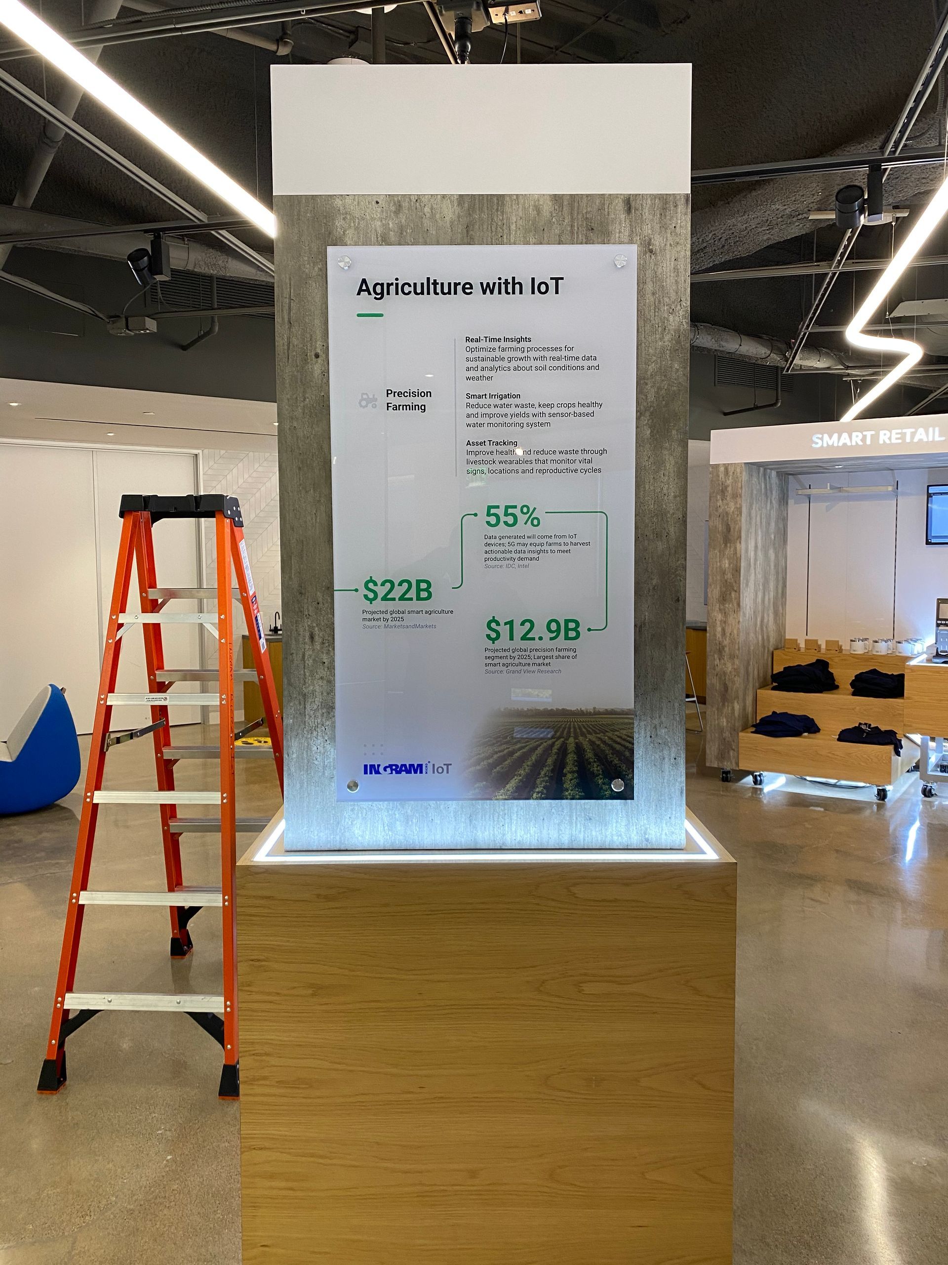 A ladder is sitting next to a sign in a room.