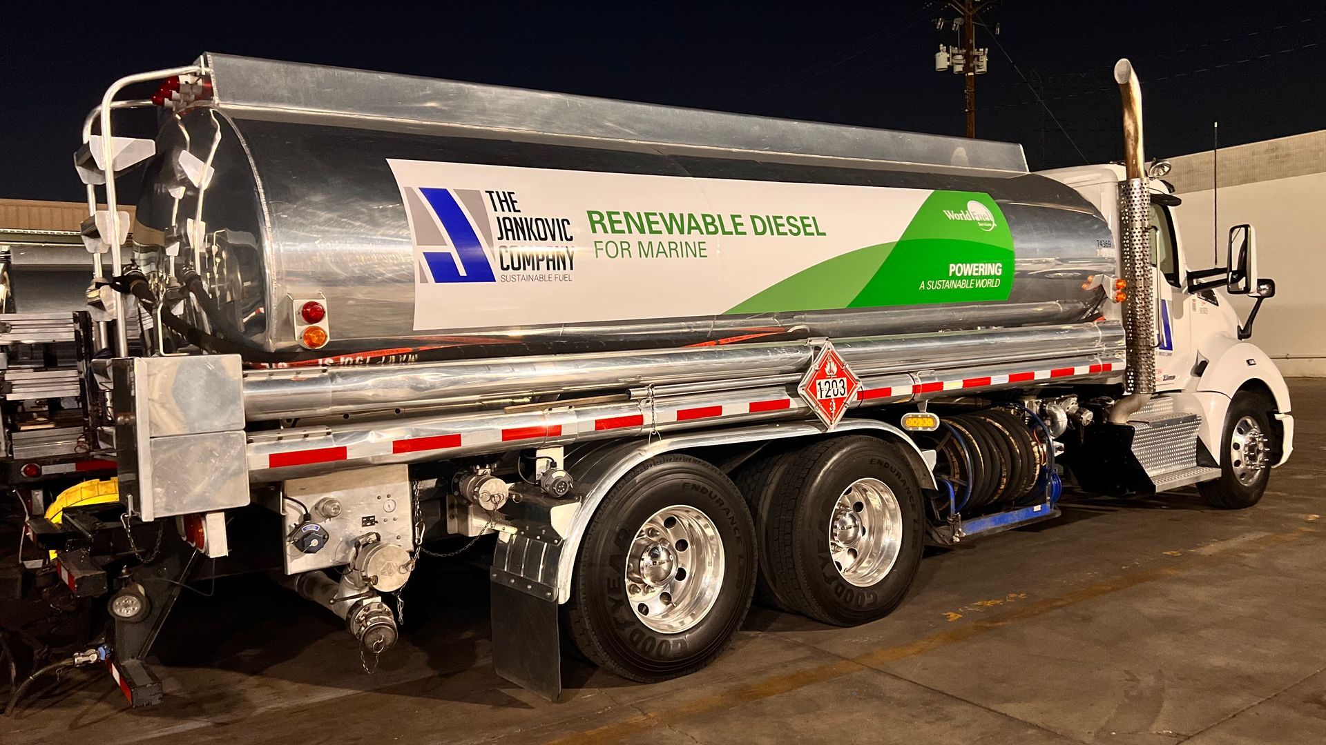A large tanker truck is parked in a parking lot at night.