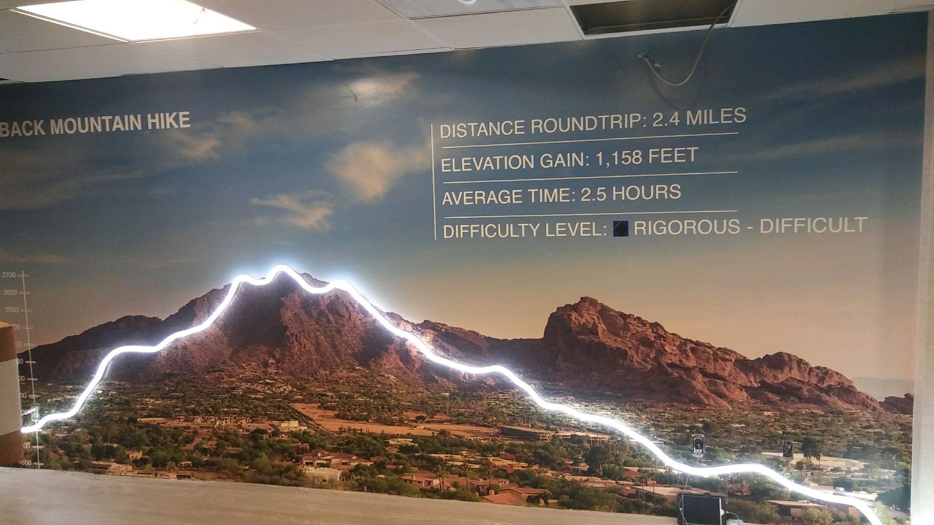 A wall with a picture of a mountain and lightning on it.