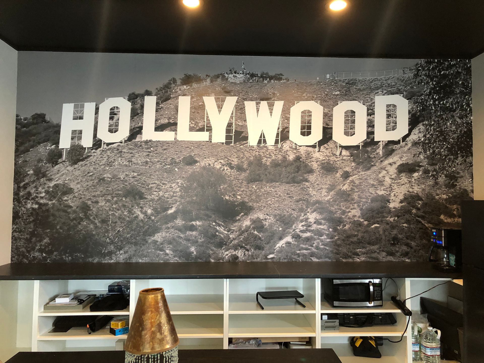 A black and white photo of the hollywood sign