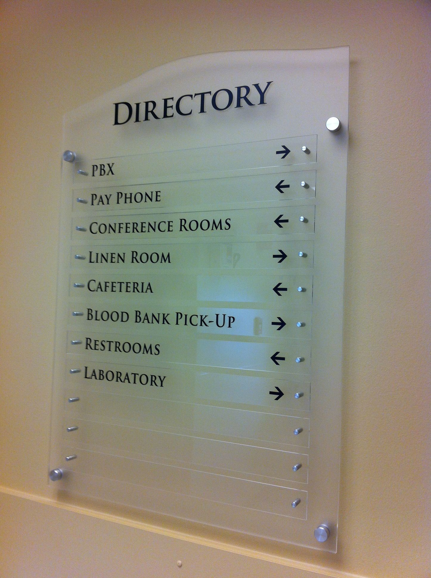 A glass directory with arrows pointing to different rooms