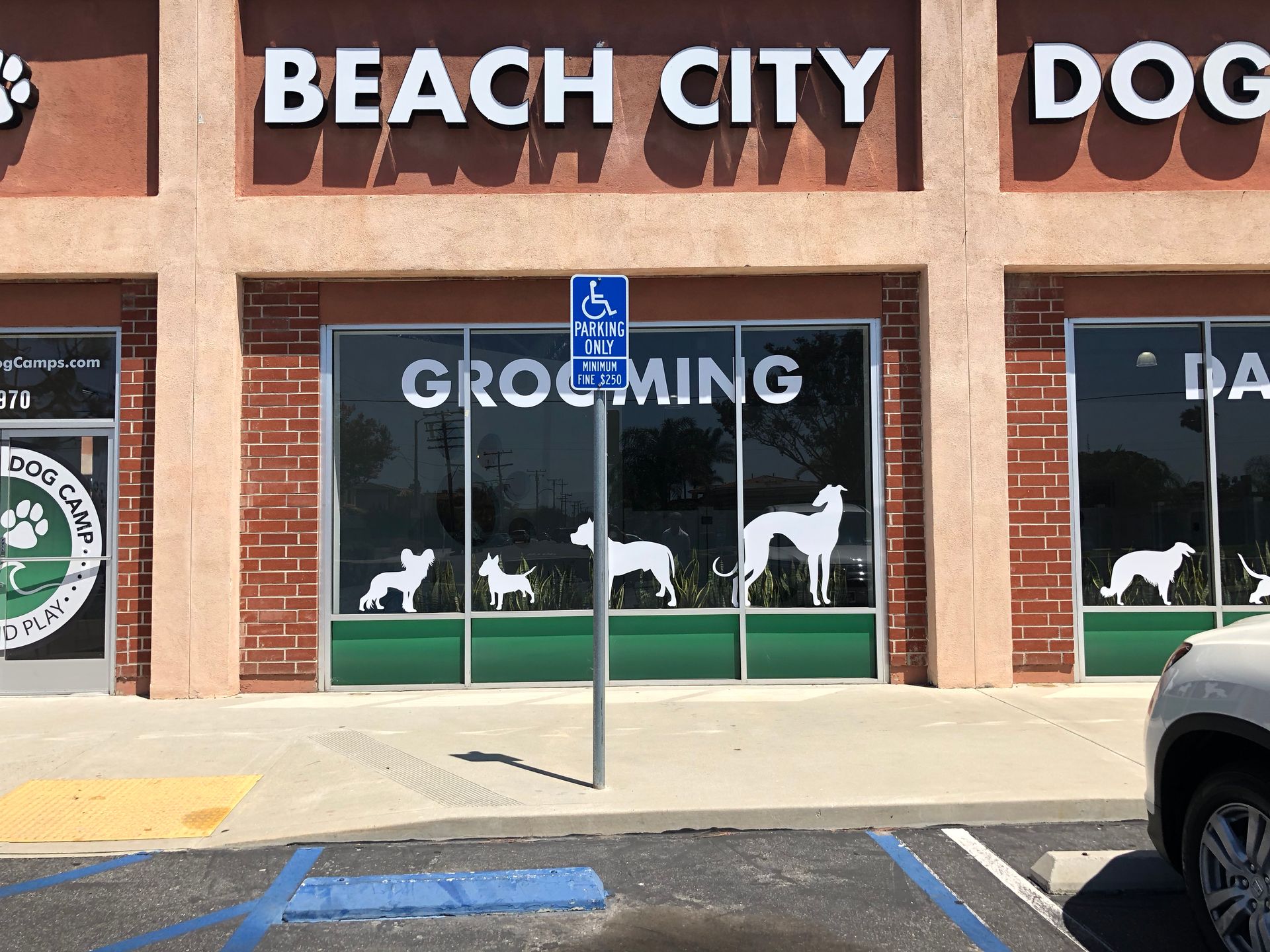 A car is parked in front of a beach city dog grooming shop