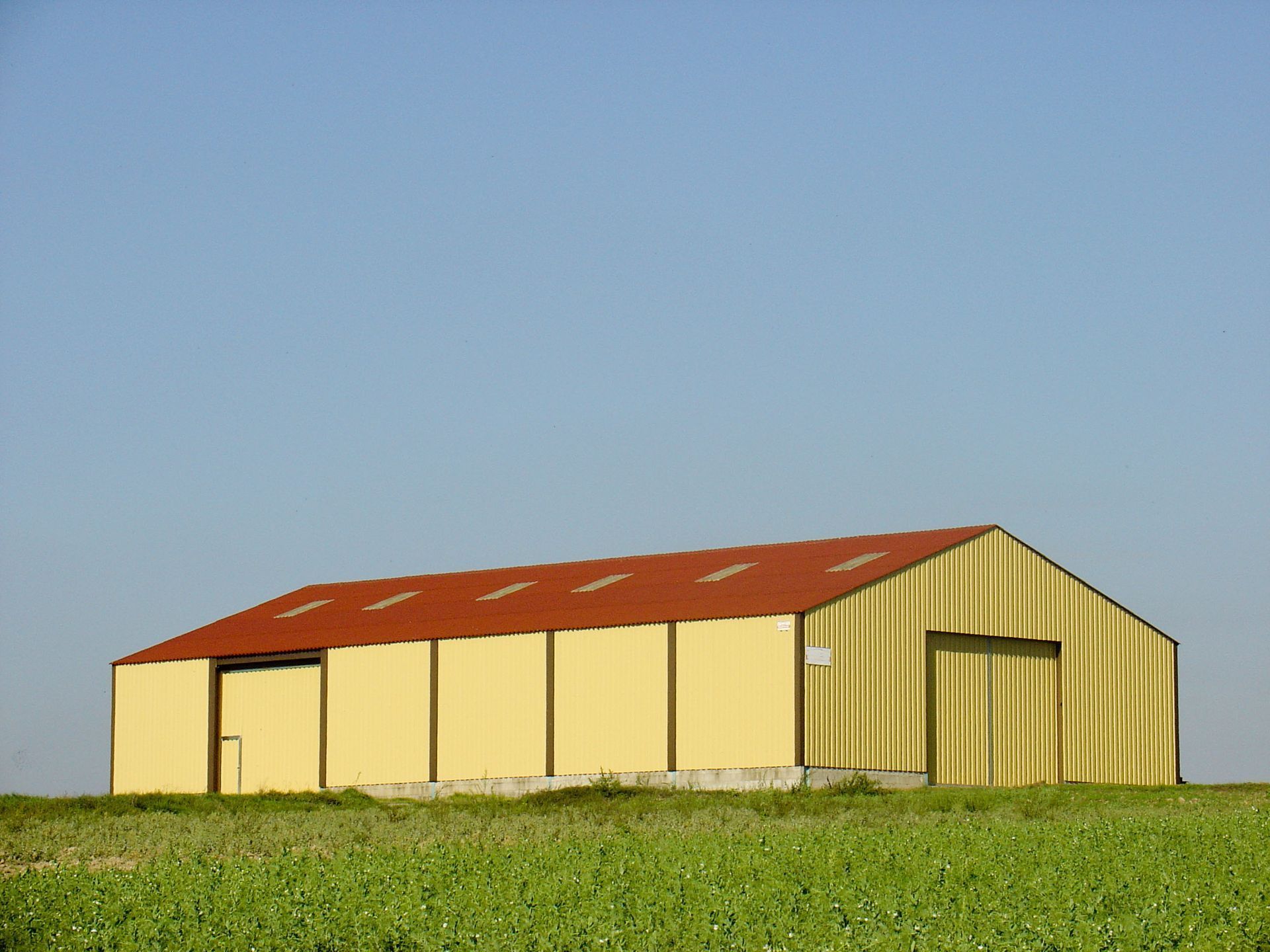 Yellow agricultural building with a red roof, set on a green field under a clear blue sky.