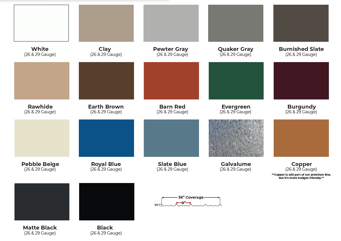 Color palette chart with neutral, blue, green, tan, and black swatches labeled with names.