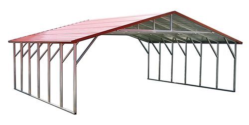 Metal carport with red roof, side-by-side supports, for vehicle protection.