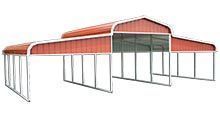 Red and white steel barn with open sides, on a white background.