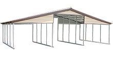 Metal carport with tan roof and open sides.