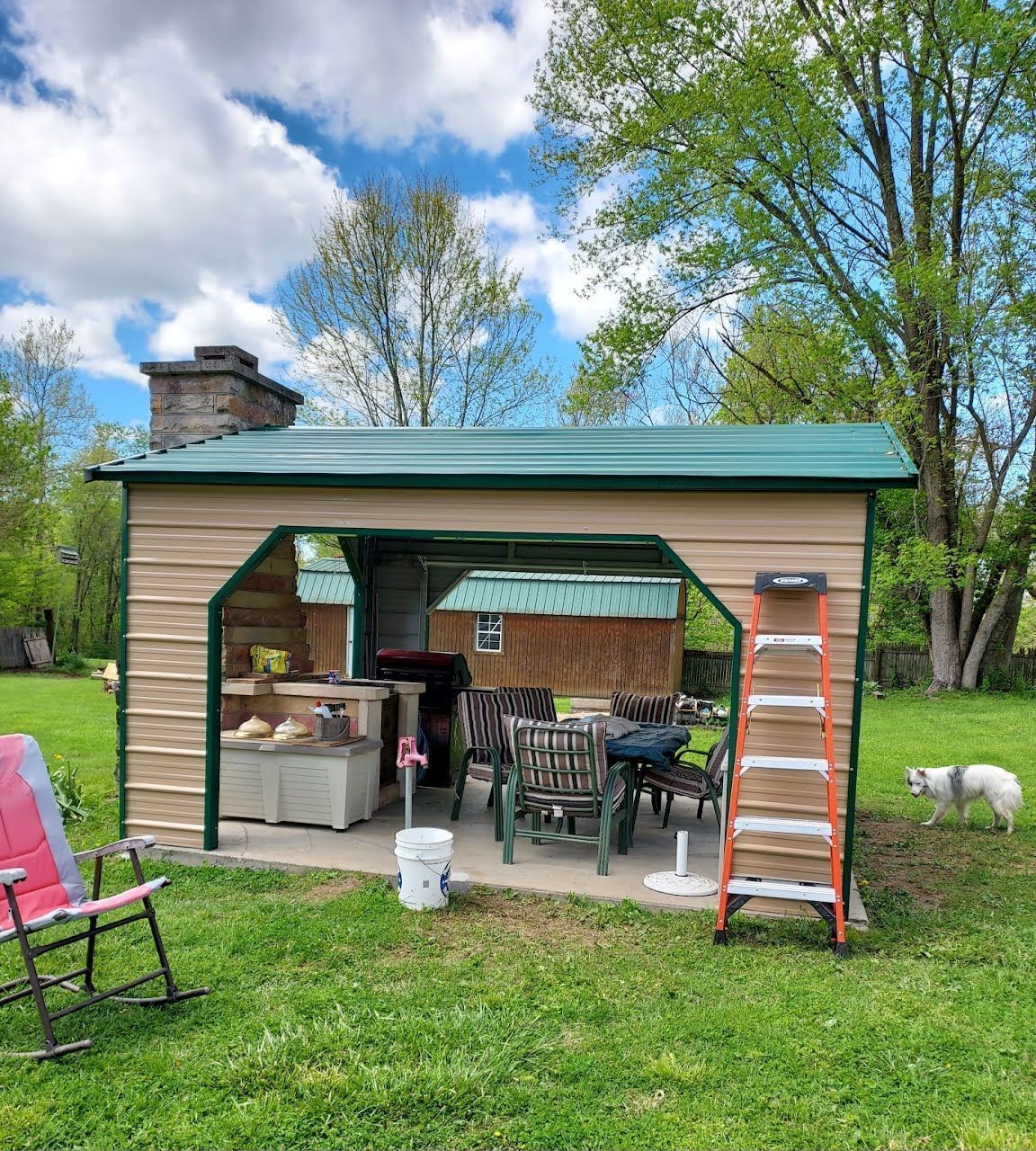 A backyard shed with a green roof, outdoor seating, and a ladder; a dog stands nearby.