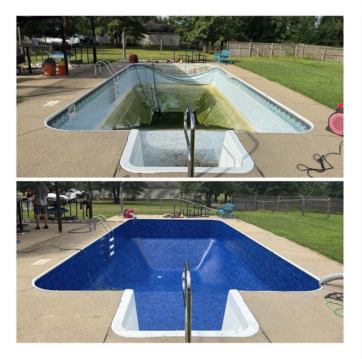 Before and after view of a swimming pool: the top shows a dirty, algae-filled pool; the bottom depicts the cleaned pool with a vibrant blue liner.