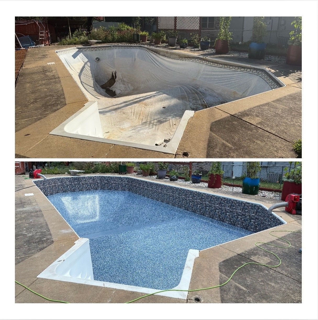 Before and after view of a swimming pool renovation, showing the empty, dirty pool and the finished pool with new tile and blue water.
