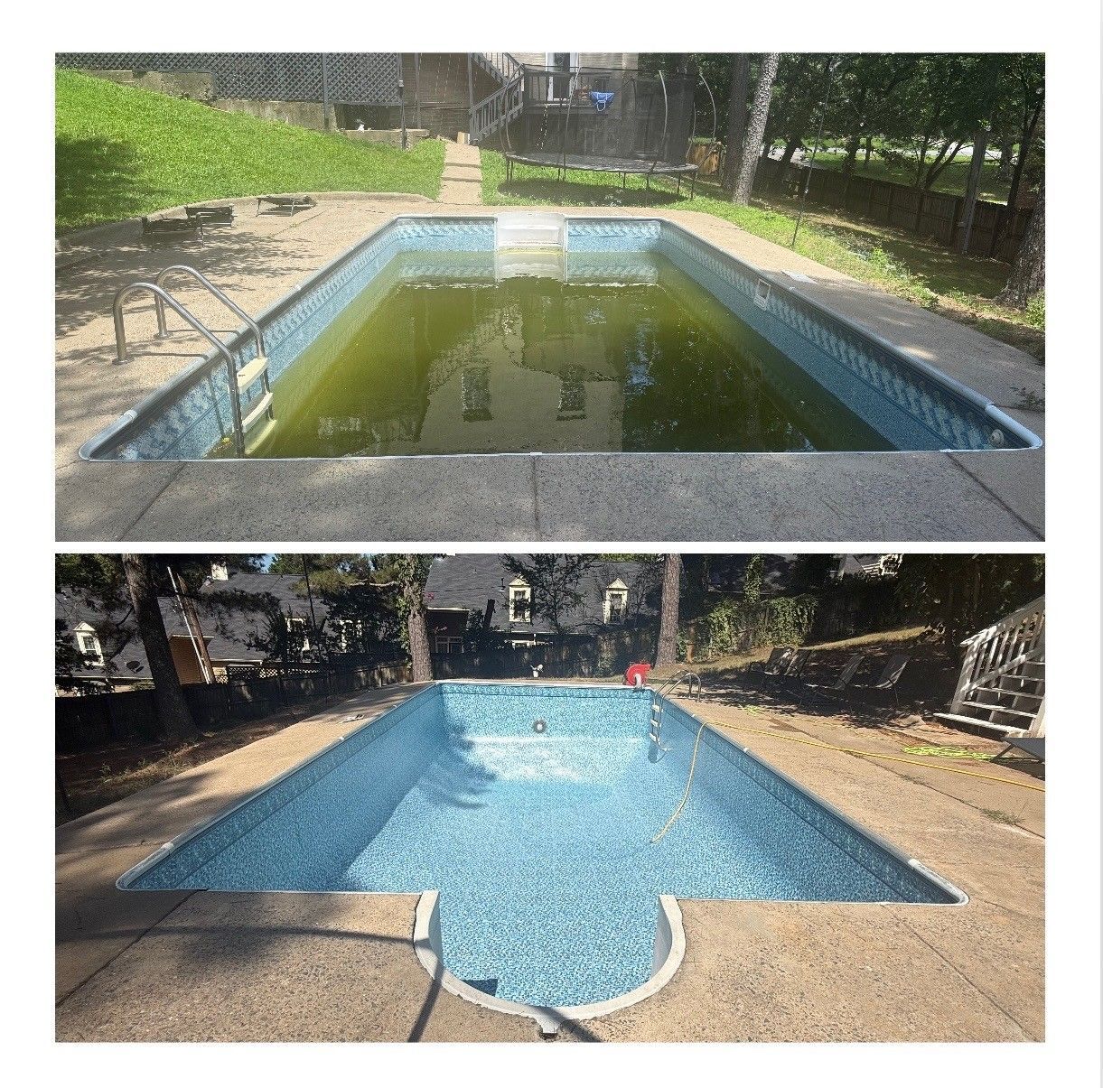 Top: Overgrown green pool. Bottom: Clean blue pool. Transformation of a backyard pool.