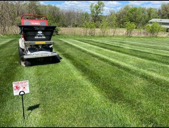 A lush green lawn with a house in the background