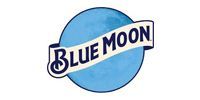 The Blue Moon beer logo, featuring the brand name in dark blue letters on a white ribbon overlaying a light blue moon.