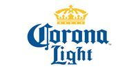 The blue and yellow Corona Light logo featuring the brand name in Gothic-style lettering underneath a gold crown.
