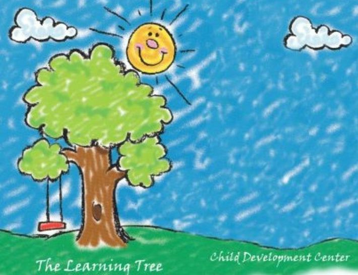 A drawing of a tree with a swing and the words the learning tree on the bottom