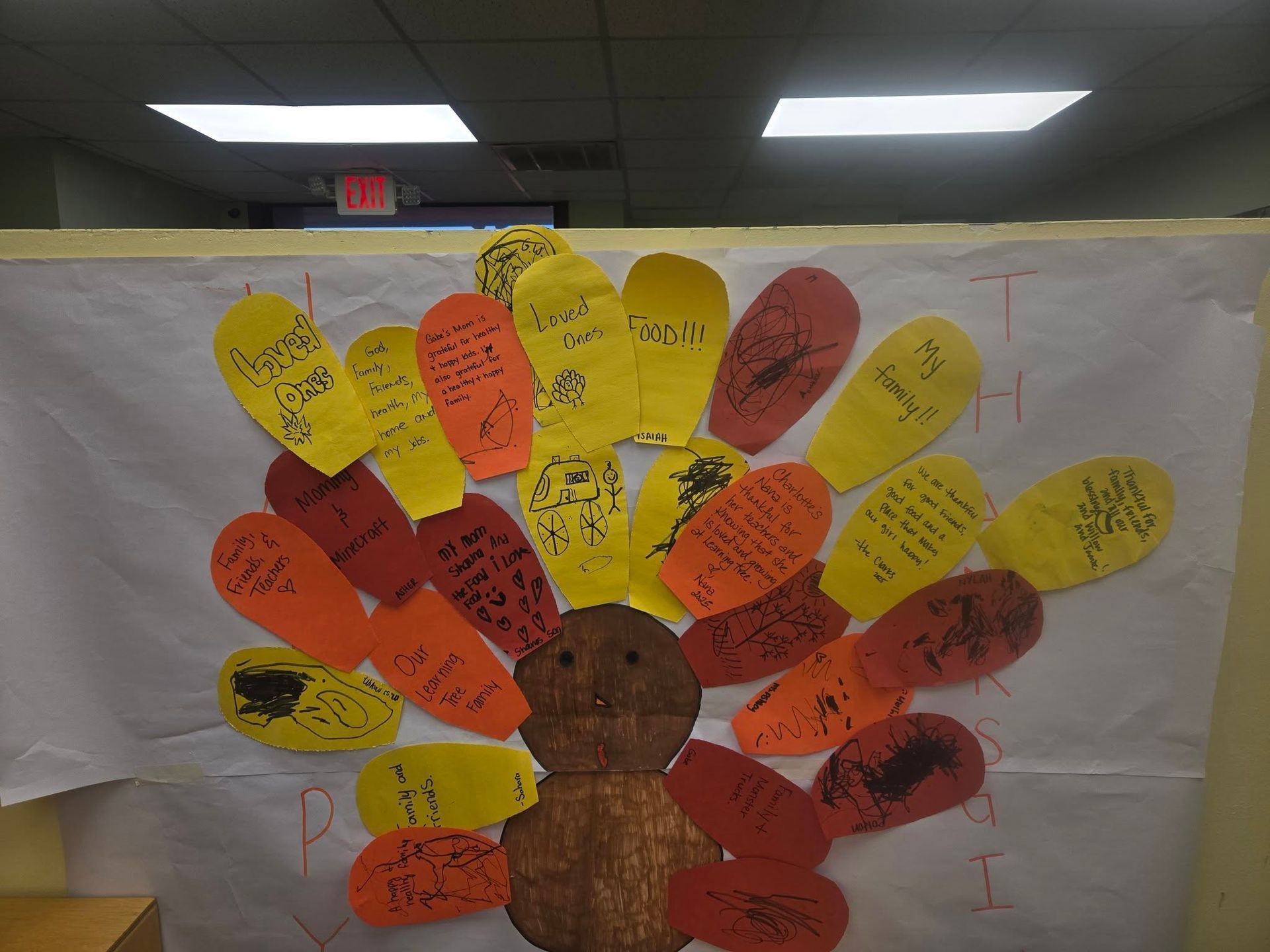 Turkey made of construction paper with messages on its feathers.