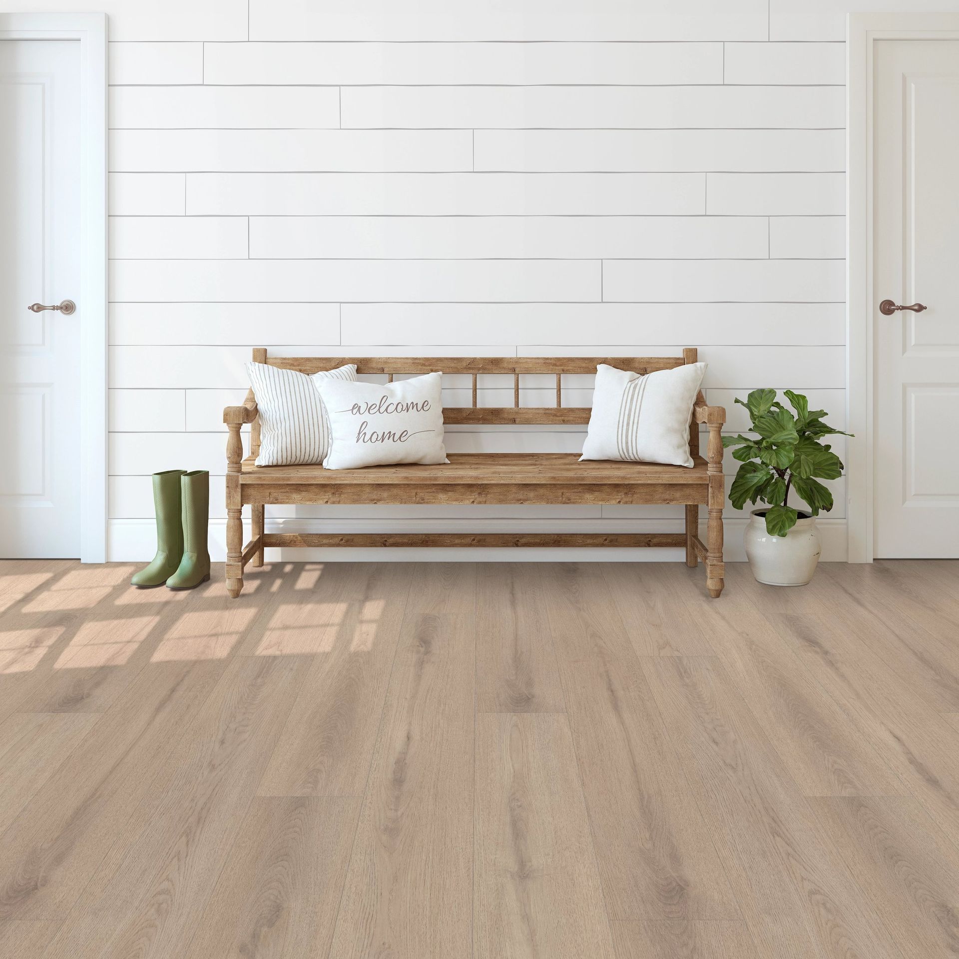 A wooden bench is sitting in a hallway next to a plant and boots.