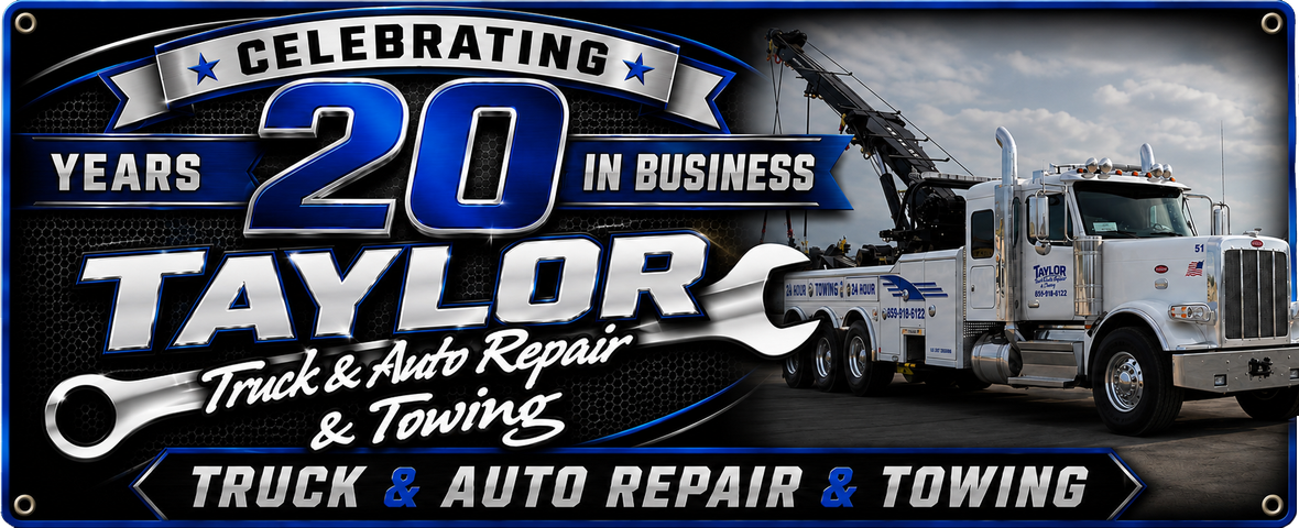 Taylor Truck & Auto Repair & Towing banner celebrating 20 years, with a tow truck on a blue starry background