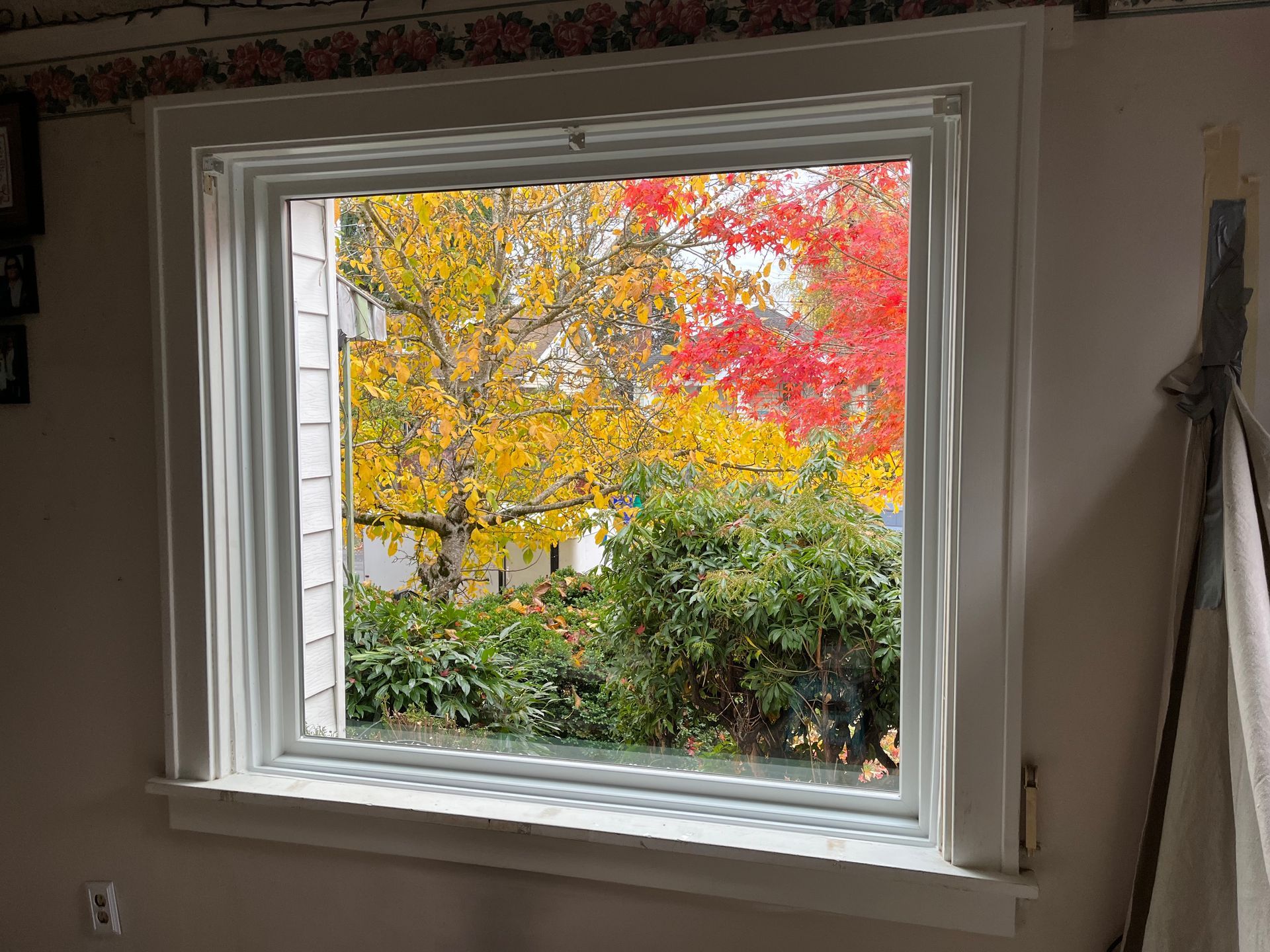 Window framing a vibrant autumn scene with red and yellow foliage.