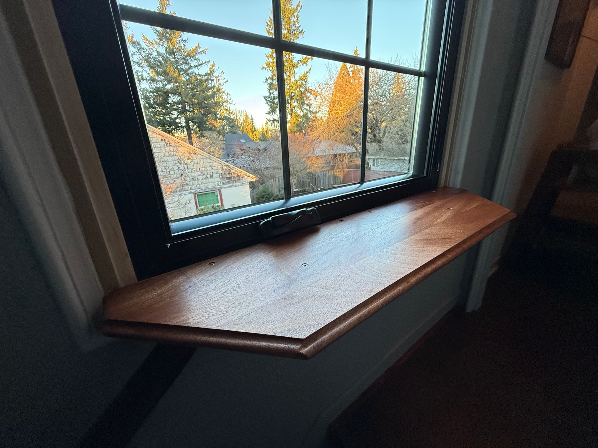 Two white-framed windows on a brown-sided house corner with a downspout, greenery at the right and bottom.