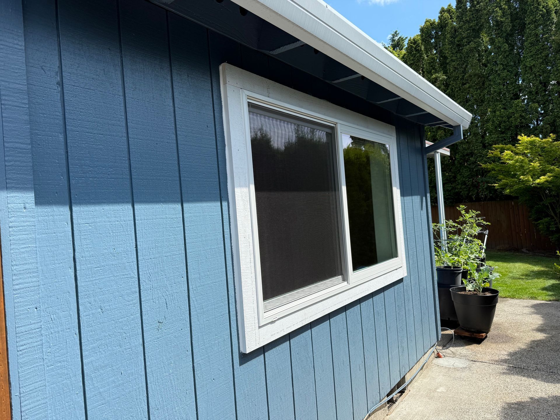 Blue shed with white-framed window. Gutters along roof edge. Exterior shot with greenery visible.