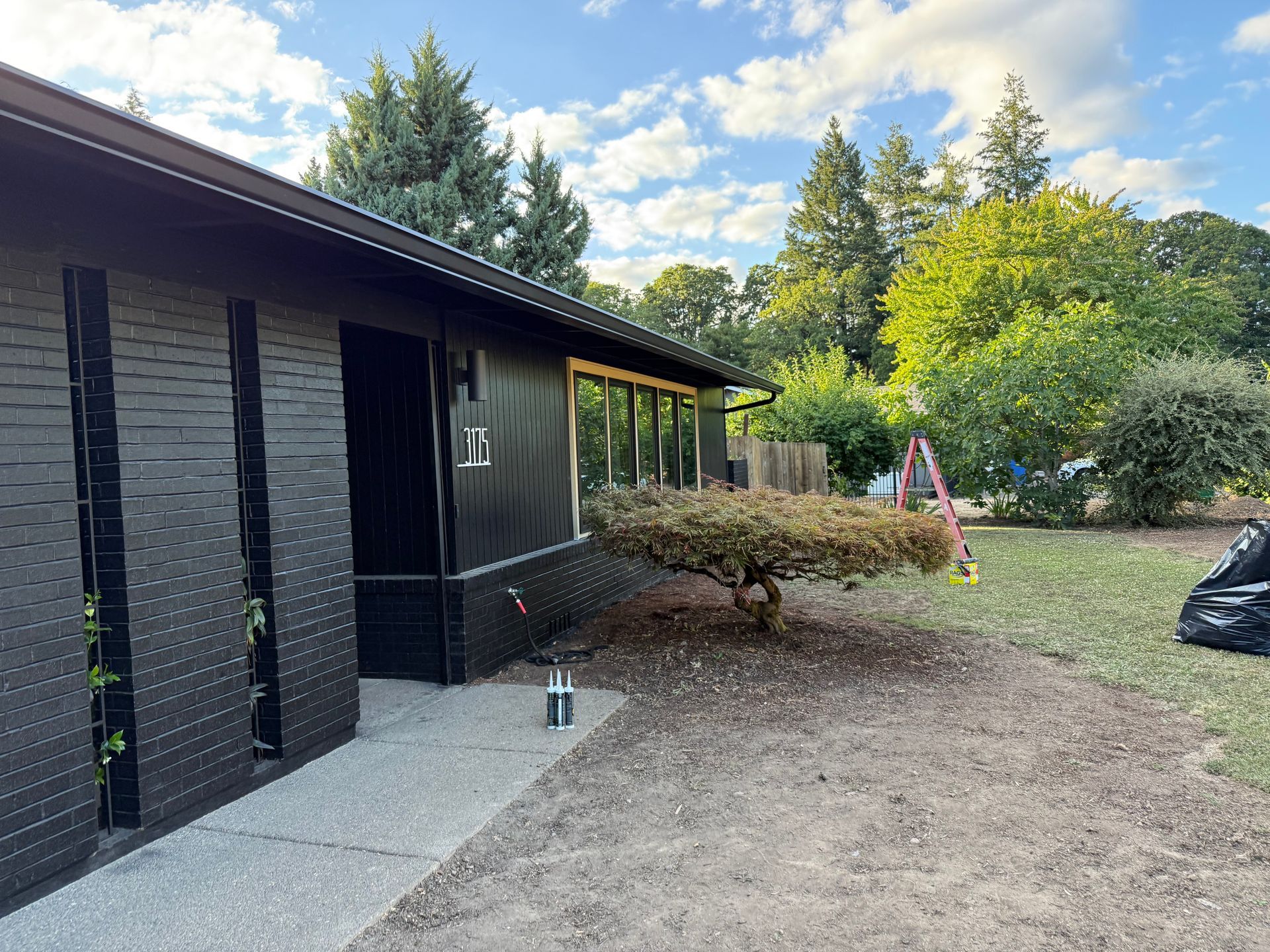 Black house exterior with a small tree, pathway, and yard.