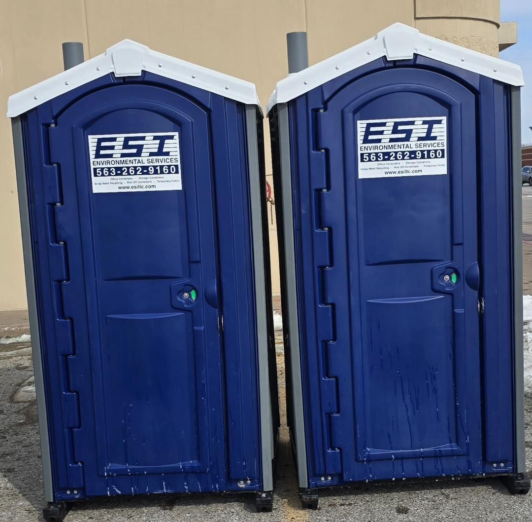 Two blue portable toilets side-by-side with ESI logo and contact info.