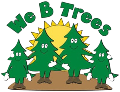 Four smiling cartoon trees holding hands, with a sun in the background, and 