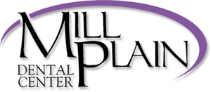 The logo for mill plain dental center is purple and black.