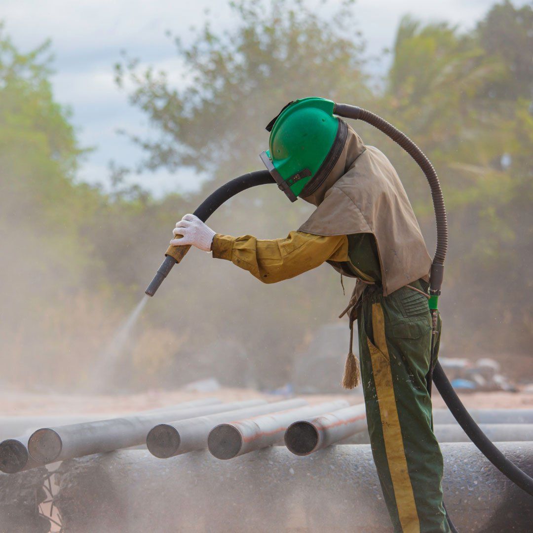 man sandblasting the pipes