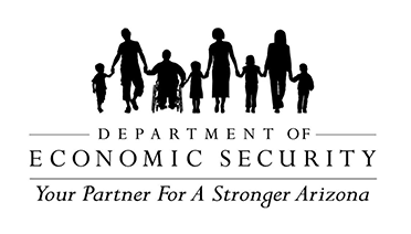 Department of Economic Security logo: Silhouetted figures of adults, children, and a person in a wheelchair holding hands above text.