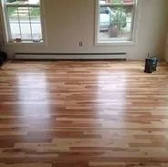 Hardwood floor in room with two windows and white walls; baseboard heater visible.