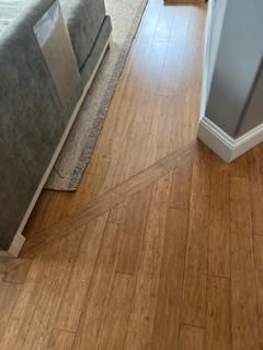 Bamboo hardwood floor with angled transition to another floor. Gray sofa on a rug to the left.