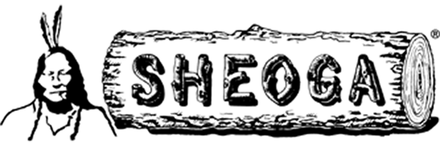 Sheoga logo with Native American figure and log with carved letters.