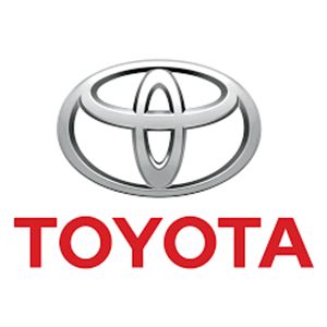 Toyota logo with silver emblem above red TOYOTA text on a white background