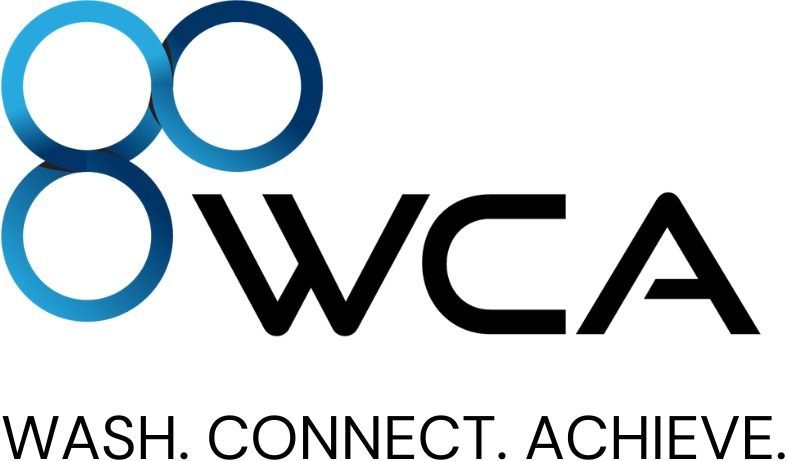 Logo for WCA with stacked blue circles and black WCA, tagline: Wash. Connect. Achieve.